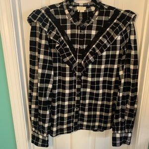 Kate Spade Black Rustic Plaid Flannel Shirt XXL Ruffle Yoke & Neck Prairie Chic